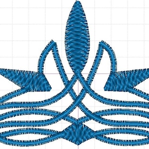 May include: A detailed blue embroidered design featuring a central, elongated leaf-like shape, flanked by symmetrical, curved lines and arrow-like elements. The design is likely for embroidery projects or textile embellishment.