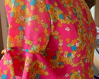 Teen Womens Vintage 1960s Dress  Home Sewn Bell Sleeves  Rose Pink With Multi Colored flowers