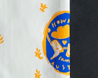 2 x Tea Towels - Hand Printed Cotton Dish Towel by Victrola Studio - Howdy From Austin ( Blue/Orange)