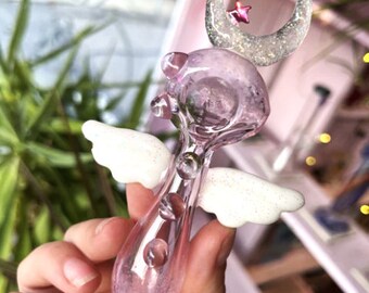 Pipe en verre Ailes d'ange mignonnes Lune pailletée rose Cadeau girly pour elle