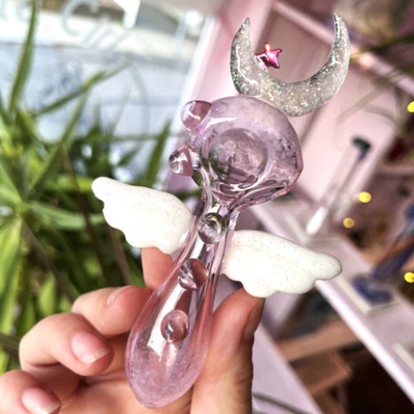 Glass Pipe Cute Angel Wings Glitter Moon Pink Girly Gift for her