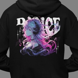 Anime Music Girl Hoodie, Musical Hooded Pullover, Kawaii Waifu Sweatshirt, Cozy Trendy Streetwear, Vaporwave Clothing, Graphic Anime Art