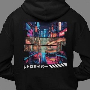Japan Retro Cyberpunk Graphic Hoodie, Urban Hooded Sweatshirt, Japanese Streetwear, Vintage Gamer Pullover, Aesthetic Vibrant Print Sweater
