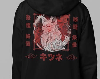 Vintage Kitsune Grafik Hoodie, Japanische Streetwear Hoodie, Kleidung im Harajuku-Stil, Kulturelle Kunst Fox Pullover, Anime Grafikdesign Pullover