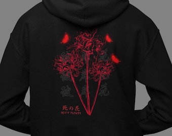 Japan Red Spider Lily Hoodie, Japanese Streetwear Hoody, Harajuku Style Clothing, Aesthetic Graphic Design, Floral Pullover Sweatshirt Gift