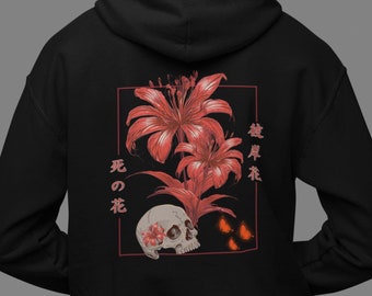 Red Spider Lily Graphic Hoodie, Vintage Japanese Streetwear Hoody,  Harajuku Style Pullover Sweatshirt, Aesthetic Unisex Skull Flower Hoodie