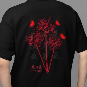 Japan Red Spider Lily Tshirt, Japanese Streetwear Shirt, Aesthetic Front Back Graphic Tee, Vintage Harajuku Clothing, Floral Butterfly Top