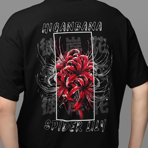 Grunge Anime Red Spider Lily Shirt, Lycoris Tshirt, Japanese Streetwear, Cozy Harajuku Clothing, Death Flower Kanji Back Graphic Tee Gift