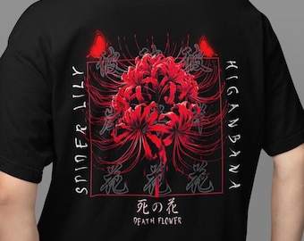 Anime Red Spider Lily Butterfly Shirt, Lycoris Tshirt, Japanese Streetwear, Cozy Harajuku Clothing, Death Flower Kanji Back Graphic Tee Gift
