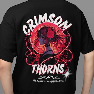 Crimson Thorns Anime Girl Tshirt, Grunge Gothic Rose Graphic Tee, Kawaii Waifu Shirt, Japanese Streetwear, Dark Edgy Floral Anime T-shirt