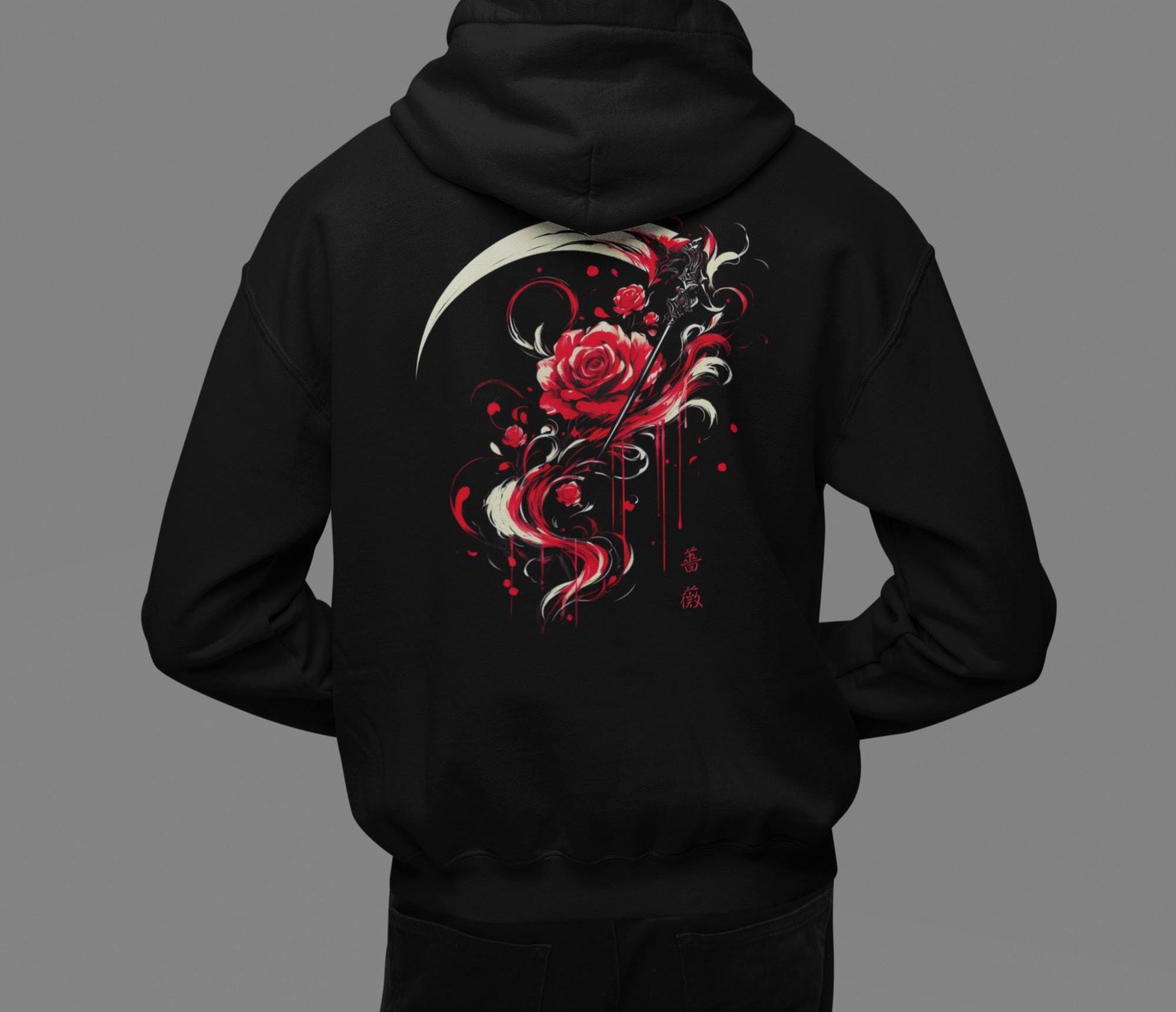 Ästhetischer Rosen-Scythe-Grafik-Hoodie, Anime-Scythe-Kapuzenpullover, japanische Streetwear, Japan Sumi-e-Kunst, Grunge-Gothic-Kleidung, Rosen-Geschenk