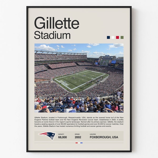 Affiche des New England Patriots, impression du stade Gillette, affiche de football moderne du milieu du siècle, affiches de chambre de sport, art mural de bureau minimaliste