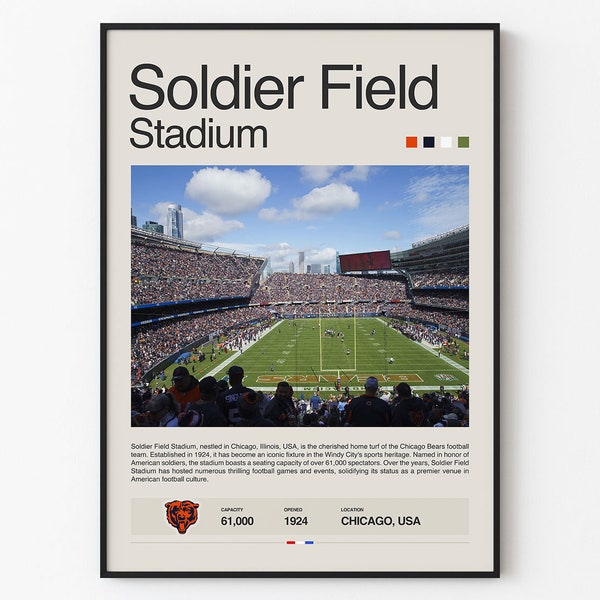 Soldier Field Stadium Print, Chicago Bears Poster, Mid Century Modern Football Poster, Sports Bedroom Posters, Minimalist Office Wall Art