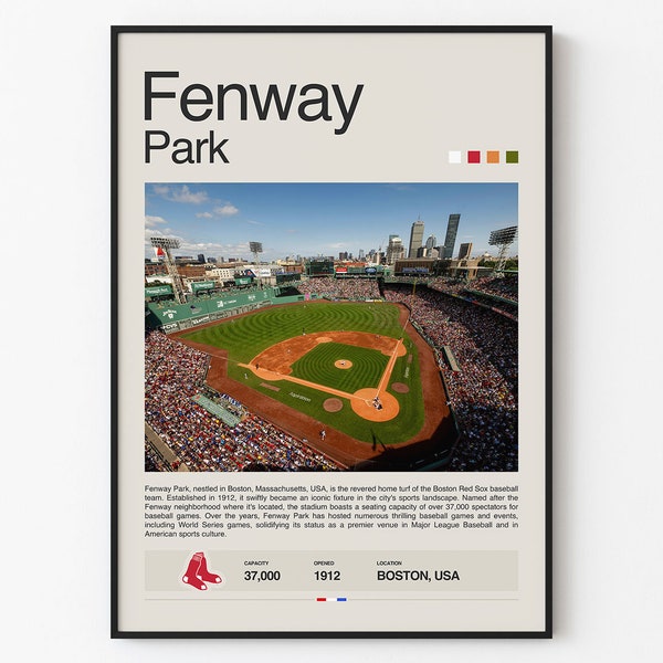 Boston Red Sox Poster, Fenway Park Stadium Print, Mid Century Modern Baseball Poster, Sports Bedroom Posters, Minimalist Office Wall Art