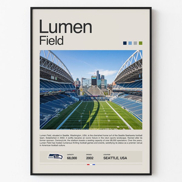 Seattle Seahawks Poster, Lumen Field Stadium Print, Mid Century Modern Football Poster, Sports Bedroom Posters, Minimalist Office Wall Art