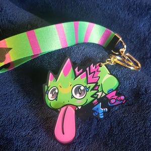 Gekkomon ta ne! A digimon with a dangling tongue that looks like a lizard. it has a lanyard for a tail.