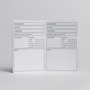 Puede incluir: Un diario de caf&eacute; imprimible en blanco y negro con secciones para el establecimiento, la ubicaci&oacute;n, los acompa&ntilde;antes, el estilo, tu pedido, las valoraciones y las notas. La secci&oacute;n de valoraciones incluye categor&iacute;as para el aroma, el sabor, el retrogusto, los aromas y el ambiente.