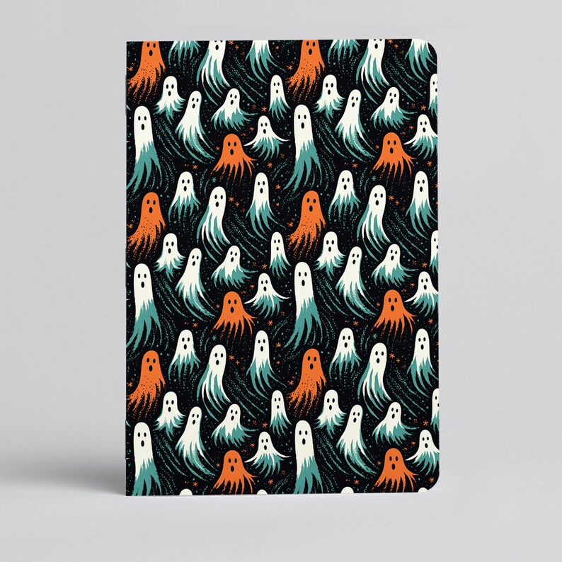 May include: A black background with a repeating pattern of white ghosts with teal and orange accents. The ghosts are flying in different directions.