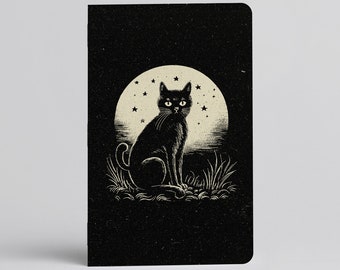 Moon Cat Pocket Notebook, Black Cat, Moonlit, Halloween Spooky Season Journal, Unique Memo Book, Notebooks, Stationery, Journaling, Gift