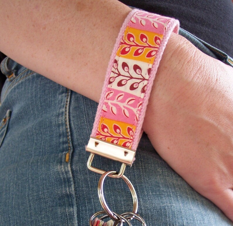 Wristlet Key Amy Butler PInk Lotus Keychain Etsy