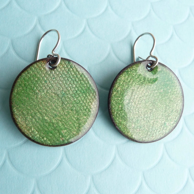 CC Star Grass Green Enamel Earrings Textured Copper with Vitreous Enamel and Silver Ear Wires