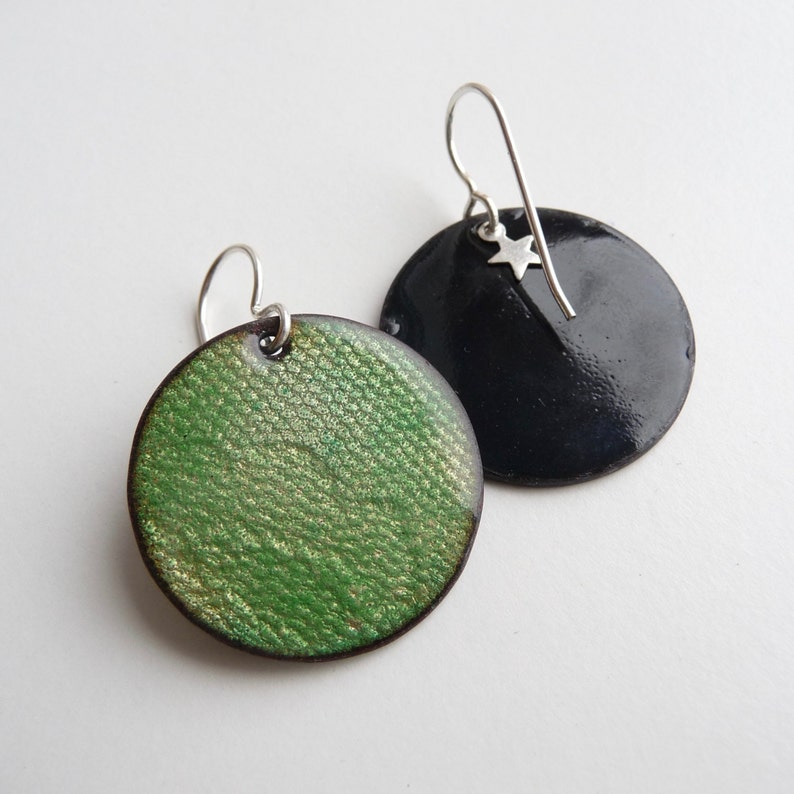 CC Star Grass Green Enamel Earrings Textured Copper with Vitreous Enamel and Silver Ear Wires