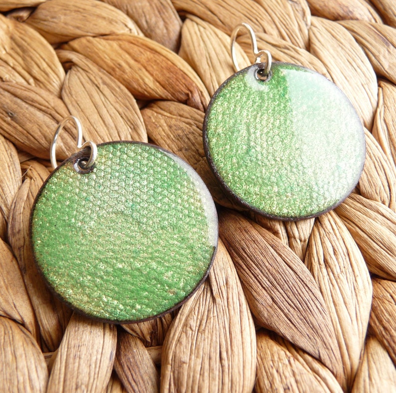 CC Star Grass Green Enamel Earrings Textured Copper with Vitreous Enamel and Silver Ear Wires