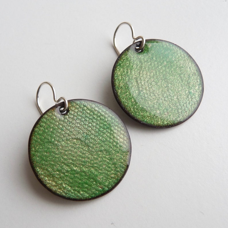 CC Star Grass Green Enamel Earrings Textured Copper with Vitreous Enamel and Silver Ear Wires