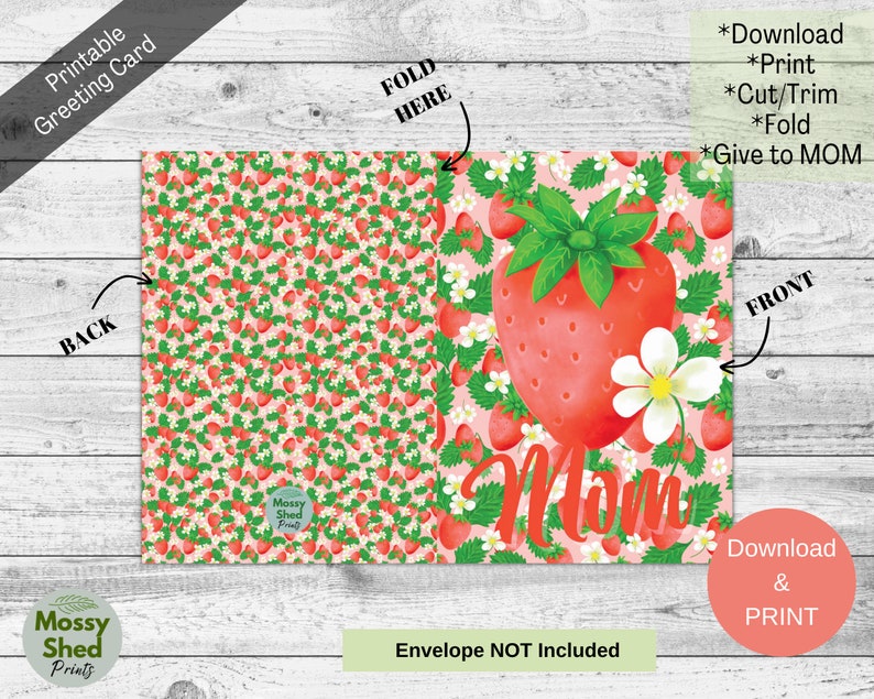Printable Mothers Day Card, Digital Download, Happy Mothers Day, Strawberry Greeting Card, Ready ...