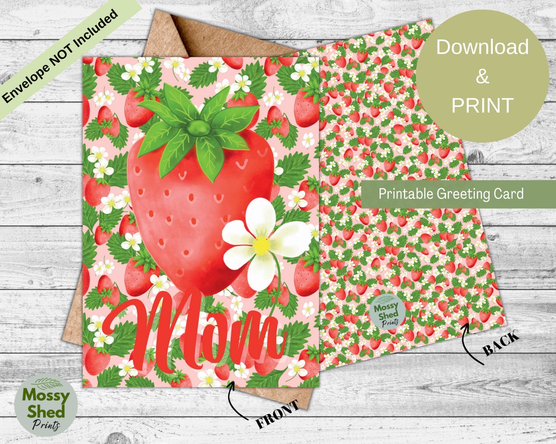 Printable Mothers Day Card, Digital Download, Happy Mothers Day, Strawberry Greeting Card, Ready ...