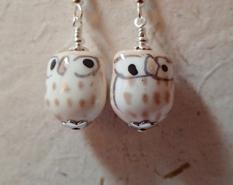 Ceramic Owl  Bird Earrings Tan Beige and  White on Silver   What a Hoot