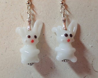 White Easter Bunny Rabbit Earrings on silver with Floppy Ears