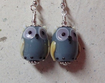 Grey Gray Opaque Lampwork Glass Owl Bird Earrings  on Silver   Whooo Can possibly be without these