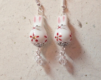 Bunny Rabbit Porcelain Bead  Earrings  with Red Accents and clear Swarovski  Accent dangle silver