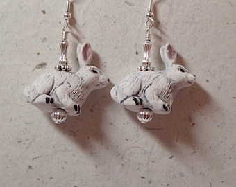 Hand Painted White  Bunny Rabbit Ceramic earrings on Silver