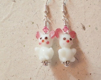 Pink Cheeked Easter Bunny Glass Bead Earrings  on silver