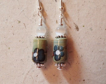 Earthy Gray Sage Green Tube Glass earrings with white on Silver