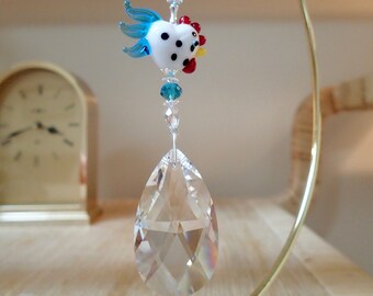 Rooster Hen Chicken  Sun Catcher Ornament 50mm XL Swarovski  Tear Drop Prism  #8721 White with Turquoise and Turquoise Accents LOGO ETCHED