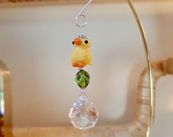 Yellow Chick Chicken Duck and Egg  Easter Ornament or Suncatcher with Crystal Olive Green with Stripe Accent
