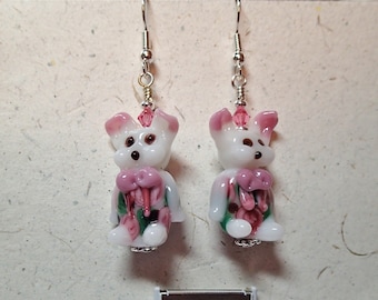Girl Bunny Rabbit Glass Bead  Earrings witha Pink Bow and Swarovski and Silver   Say Ahh