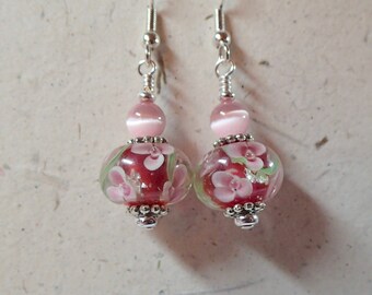 Floral Glass Earrings Pink Flowers Green Vine dark Pink core on Silver