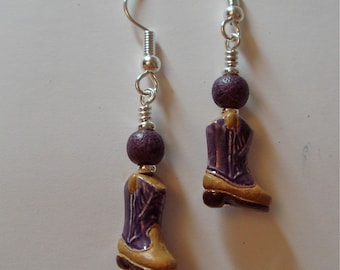 Small Hand Painted Cowboy Boot Ceramic earrings Purple and Tan on Silver