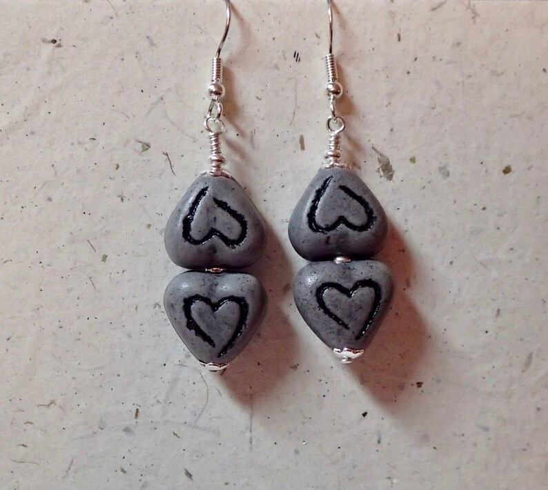 Greek Double Heart Ceramic Bead Earrings Gray Grey on silver