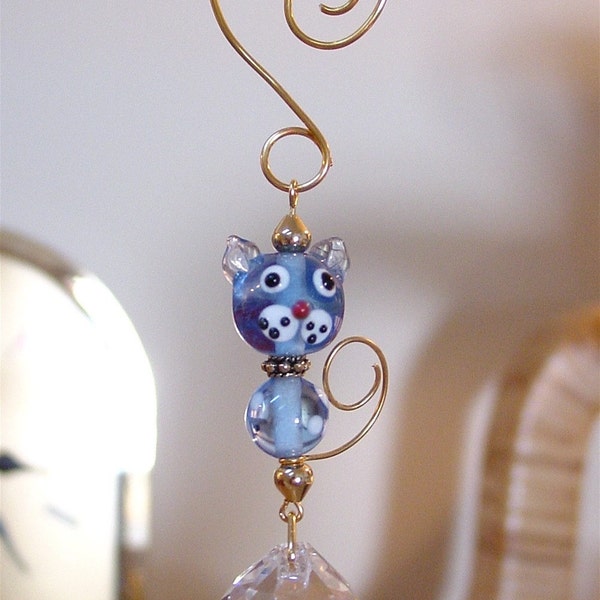 2 Bead Cat Crystal Suncatcher Blue with Gold