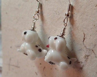 White with Spots on Back Glass Puppy Dog Earrings Silver What a Hoot Yip Yip