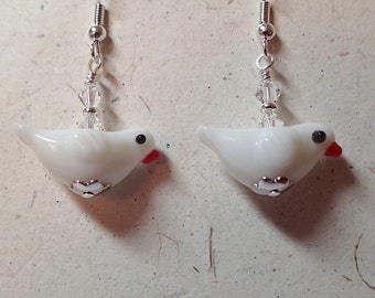 White Glass Song Bird Earrings Silver