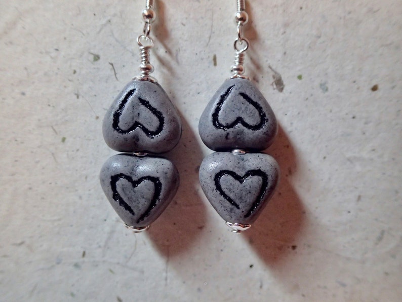 Greek Double Heart Ceramic Bead Earrings Gray Grey on silver