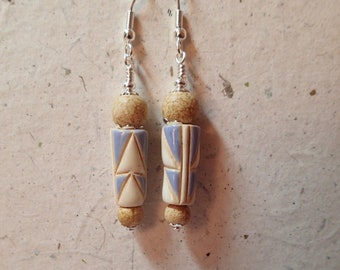 Ceramic Bead Earrings Light Blue Beige Golem Bulgarian Tapered Tube Beads