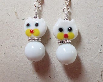 Meow Purr Mew Kitten Cat White Glass Earrings with Silver