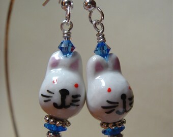 Bunny Rabbit Porcelain Bead  Earrings with  Sapphire Blue Swarovski Accents on silver for Easter